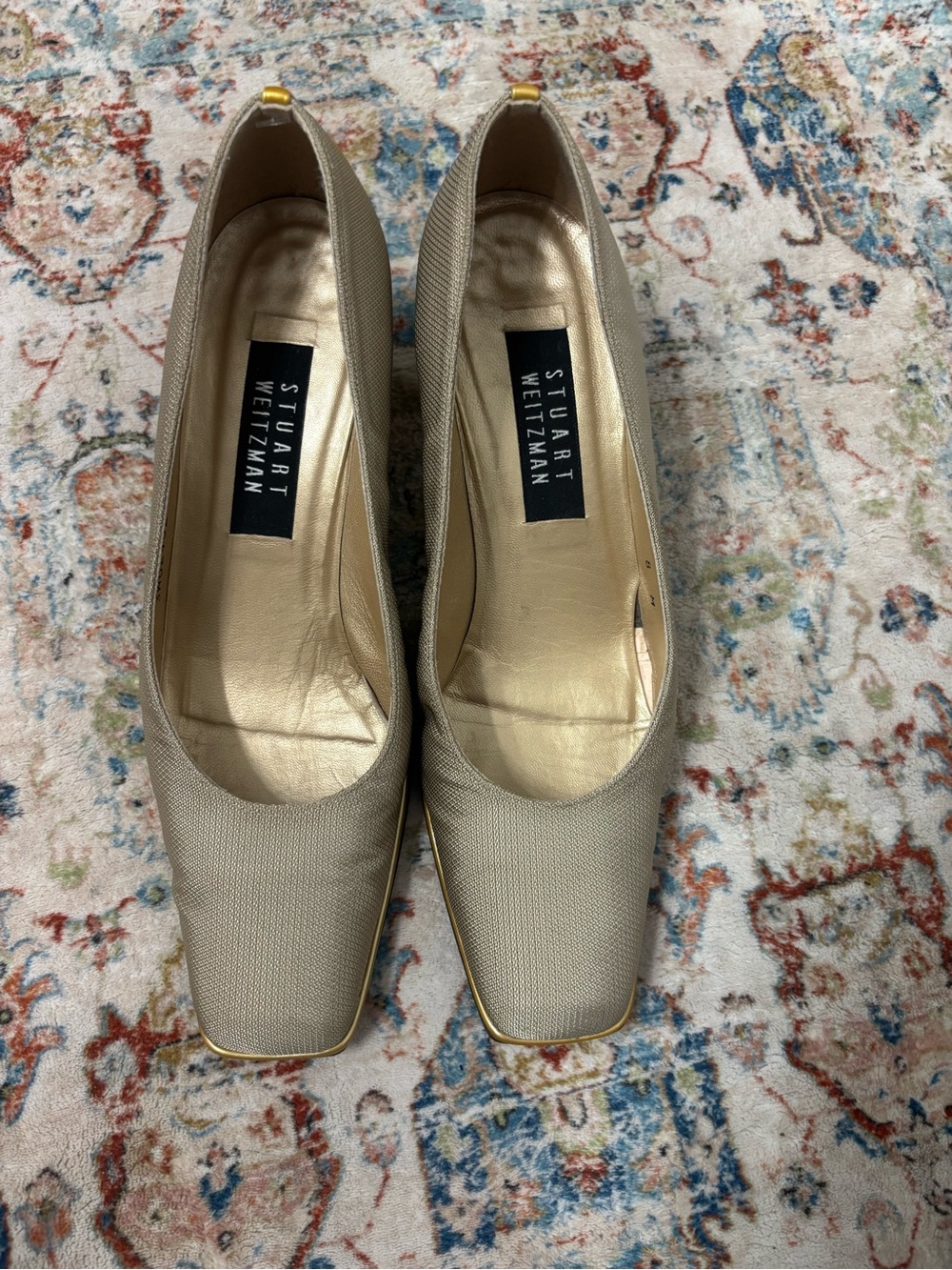 Stuart Weitzman Taupe Square-Toe Pumps with Gold Trim